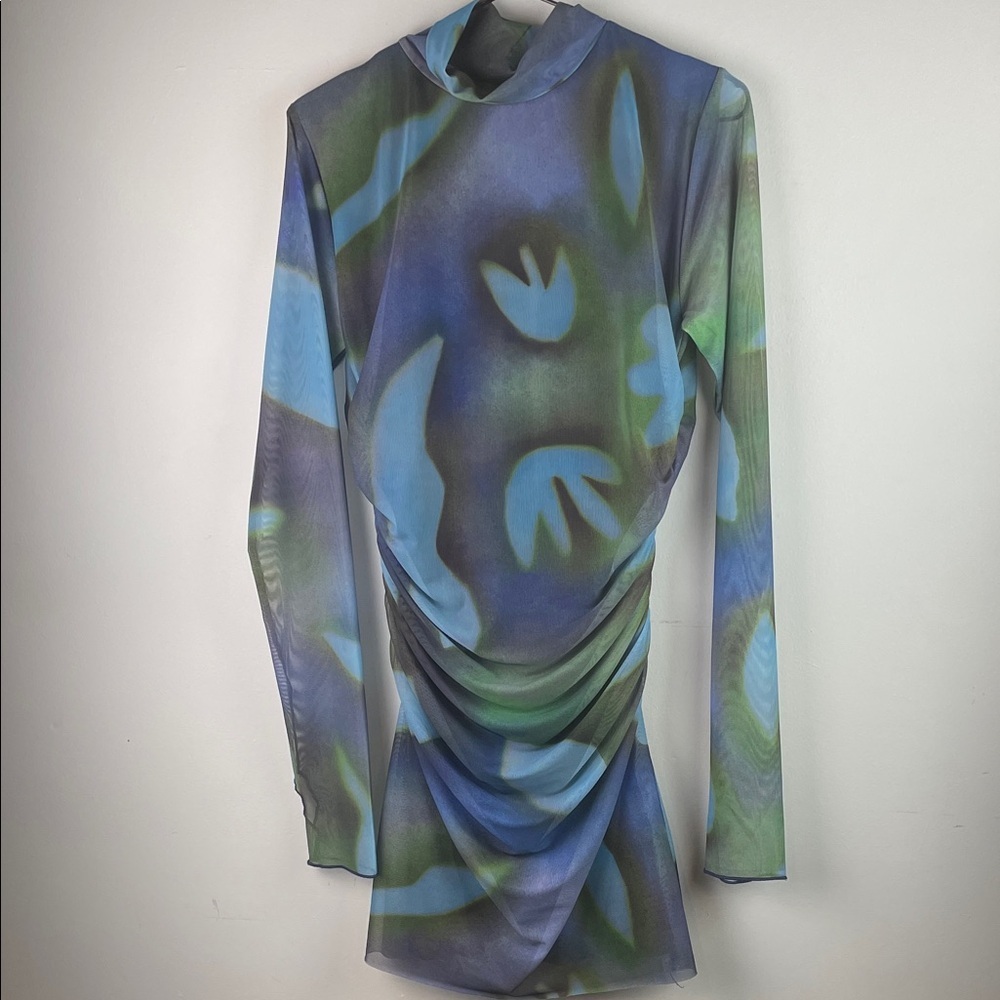 Pull & Bear Blue Green Abstract Mesh Long Sleeve Ruched Mini Dress Size L
